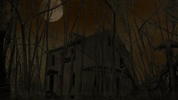 Exmortis title art: a dark two-storey house among bare trees under a pale full moon, in brown and black tones