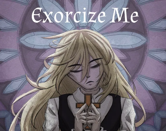 Exorcize Me cover: a young man with long blond hair and closed eyes clasps a wooden cross in front of a purple stained-glass window, under the title