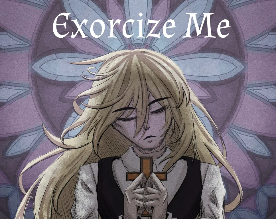 Exorcize Me cover: a young man with long blond hair and closed eyes clasps a wooden cross in front of a purple stained-glass window, under the title