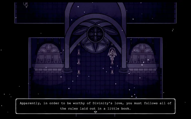 Exorcize Me screenshot: a small figure stands among candles in a purple, top-down church under a rose window, as the narrator says you must follow the rules in a little book to be worthy of Divinity's
