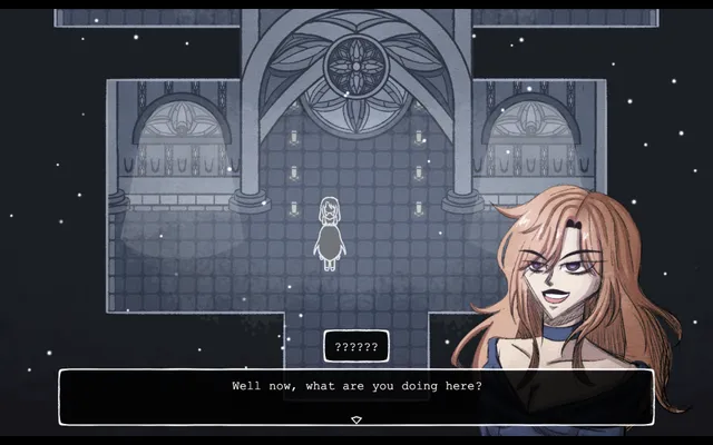 Exorcize Me screenshot: in a pale blue church a figure in a long dress stands among candles while a grinning red-haired stranger asks what you are doing here