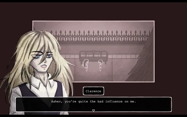 Exorcize Me screenshot: a portrait of blond Clarence telling Asher he is quite the bad influence, over a drawn scene of the two on a bench by a spiked fence