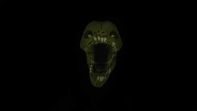 Eyes - The Horror Game: a rotting, yellow-green monster face with an open mouth and empty eyes looms out of the dark