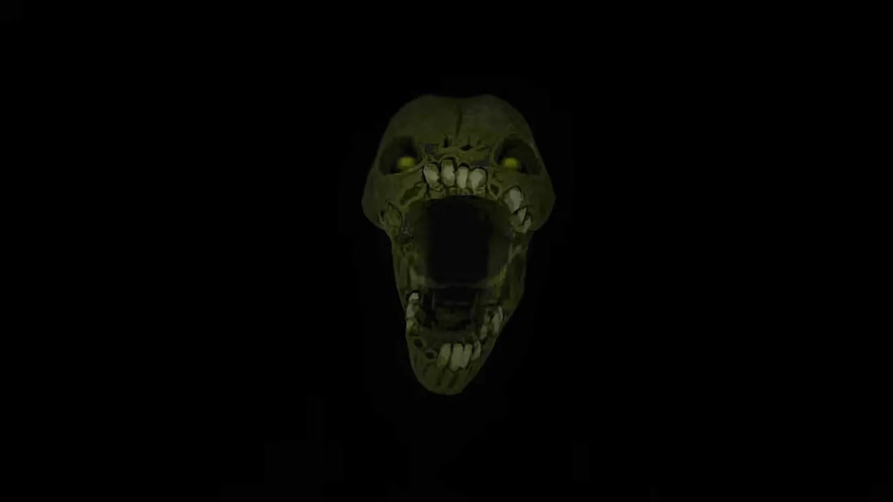 Eyes - The Horror Game: a rotting, yellow-green monster face with an open mouth and empty eyes looms out of the dark