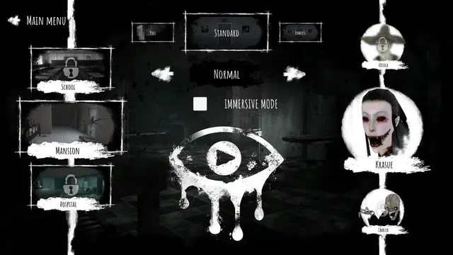 Eyes - The Horror Game level menu: School, Mansion and Hospital on the left and the monster Krasue, a pale woman's face, picked on the right