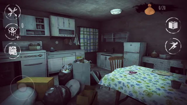 Eyes - The Horror Game screenshot: a cluttered old kitchen with a flowered tablecloth, the money counter at 0 of 20 at the top
