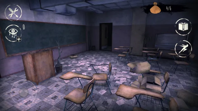Eyes - The Horror Game screenshot: a wrecked school classroom with scattered desks and papers on the floor