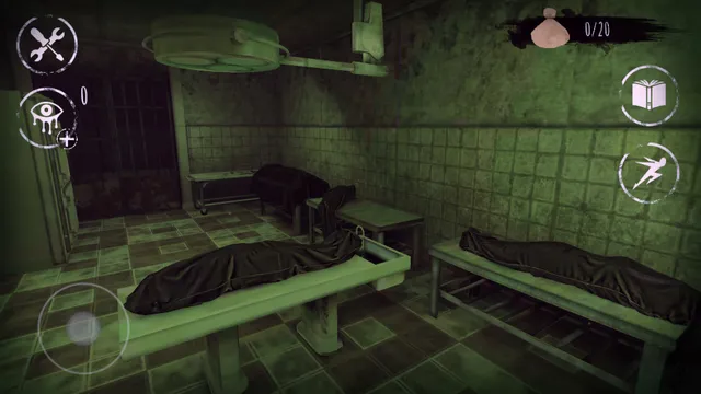 Eyes - The Horror Game screenshot: a green-lit hospital morgue with bodies under sheets on metal tables