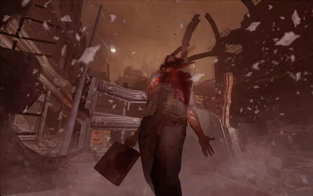 A blood-soaked figure stands among wrecked, smoking ruins under a red haze as debris flies past