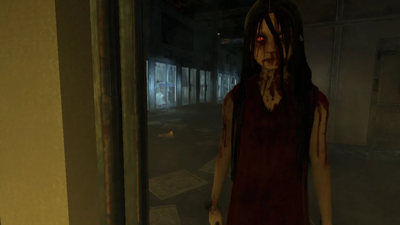 F.E.A.R. 3 screenshot: Alma, a blood-soaked girl with long black hair and glowing red eyes, stands in a dark hall of shuttered shops