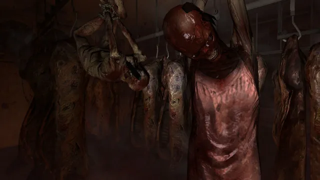 F.E.A.R. 3 screenshot: a bloodied, eyeless butcher figure among carcasses hanging from hooks in a meat locker