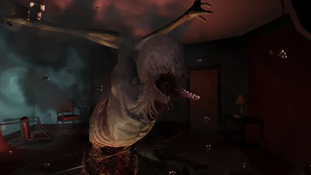 F.E.A.R. 3 screenshot: a pale creature with a huge toothed mouth and long arms lunges through a dark room full of bullet holes