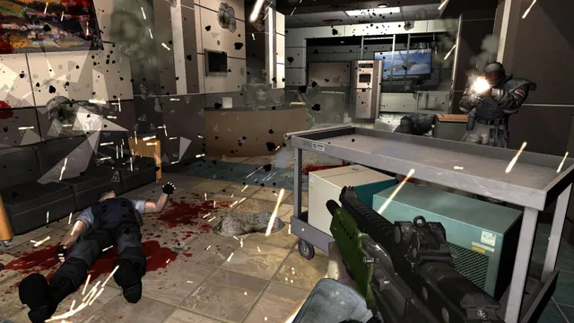 F.E.A.R. screenshot: a bloodstained office with a body on the floor as soldiers open fire through flying debris
