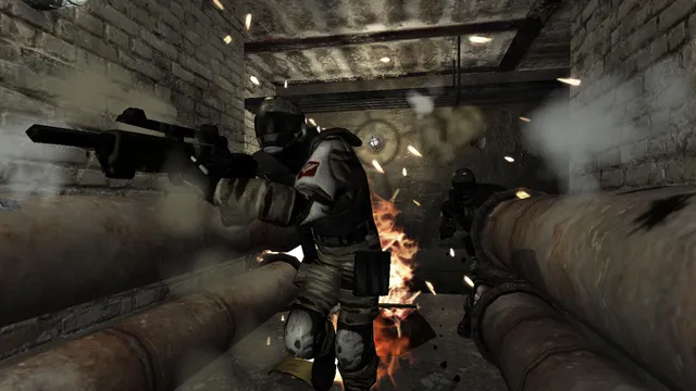 F.E.A.R. screenshot: an armoured soldier fires down a pipe-lined corridor in a shower of sparks