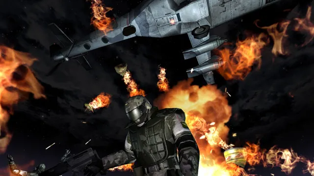 F.E.A.R. screenshot: a helicopter goes down in flames above soldiers on a rooftop at night