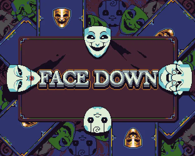 Face Down title art: the logo framed by pale masks and scattered playing cards