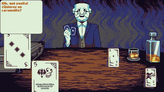 Face Down screenshot: the monster wears an old man's face with glasses while the player holds a card that swaps captures