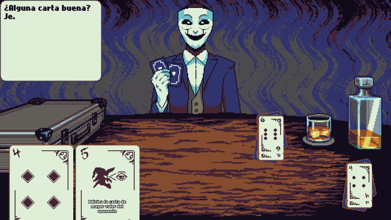 Face Down screenshot: a grinning white-masked monster in a suit holds cards across a wooden table, with a whisky decanter and the player's cards in front