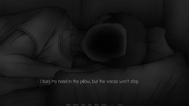 Face You Less screenshot: the figure in bed with a black blur where its face should be, and the line I bury my head in the pillow