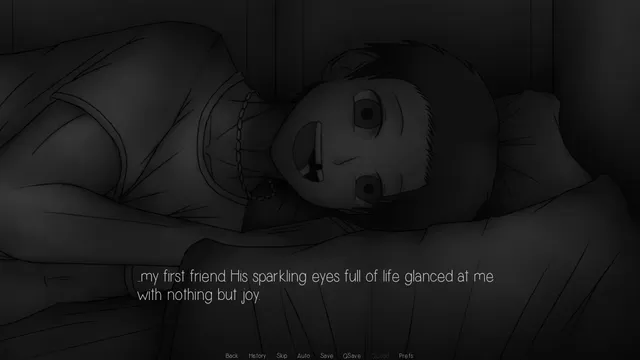 Face You Less screenshot: the same figure in bed with a smiling young face, and a line about a first friend