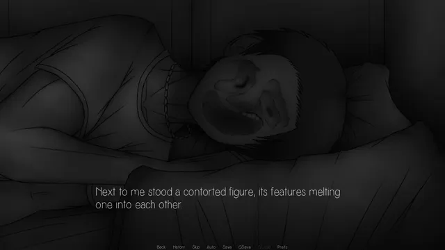 Face You Less screenshot: in grey, a figure lying on a pillow with a melted, contorted face, and the line next to me stood a contorted figure