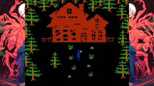 FAITH: The Unholy Trinity screenshot: a tiny blue priest holding a cross walks toward an orange pixel-art house in the dark woods