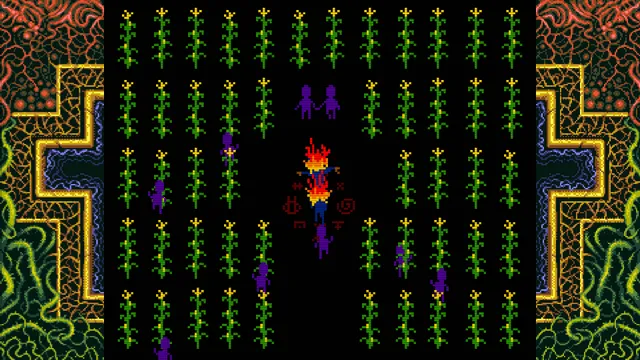 FAITH: The Unholy Trinity screenshot: a burning figure in the middle of a cornfield surrounded by purple cultists