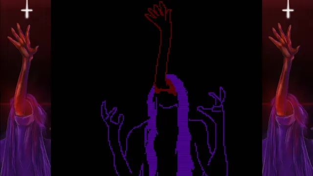 FAITH: The Unholy Trinity screenshot: a tall purple-robed figure with a hidden face raises a bloody arm in the dark