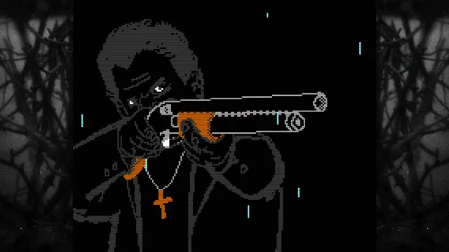 FAITH: The Unholy Trinity screenshot: a rotoscoped man wearing a crucifix aims a shotgun in the rain