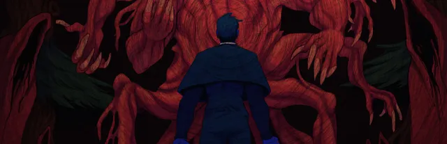 FAITH: The Unholy Trinity key art: a priest seen from behind stands before a huge red demon with many clawed arms