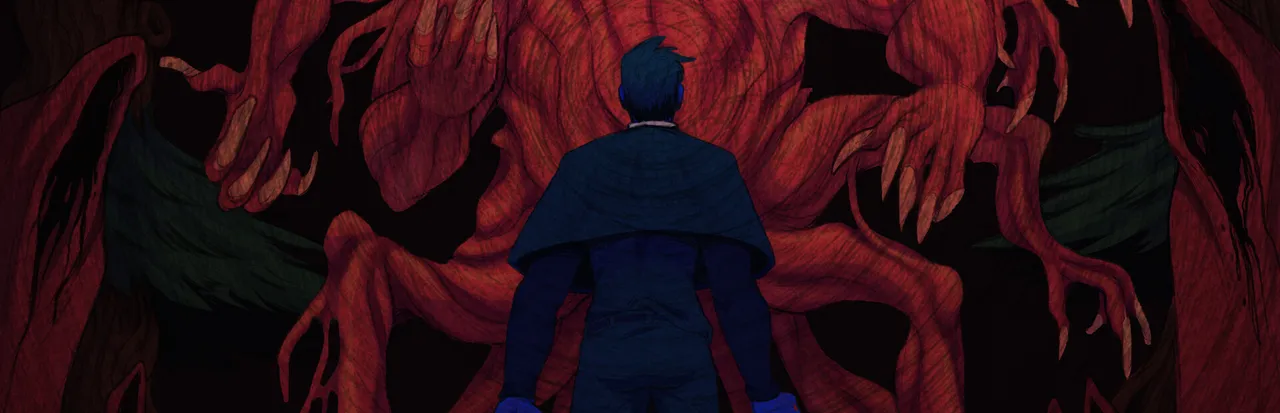 FAITH: The Unholy Trinity key art: a priest seen from behind stands before a huge red demon with many clawed arms