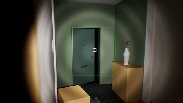 False Dream screenshot: the camera frame on the front door beside a vase of flowers