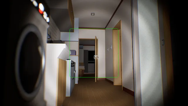 False Dream screenshot: the camera frame aimed down the apartment corridor past the washing machine