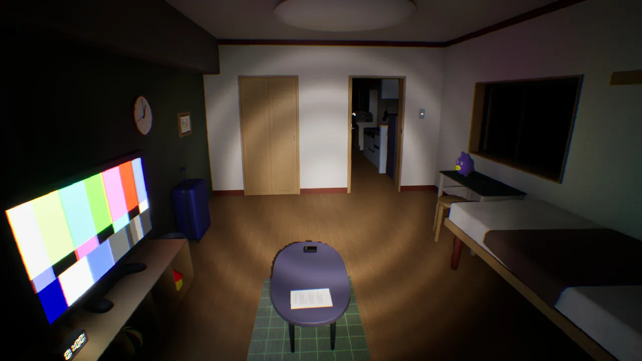 False Dream screenshot: the dark dream apartment with a television showing colour bars, a bed and a low table