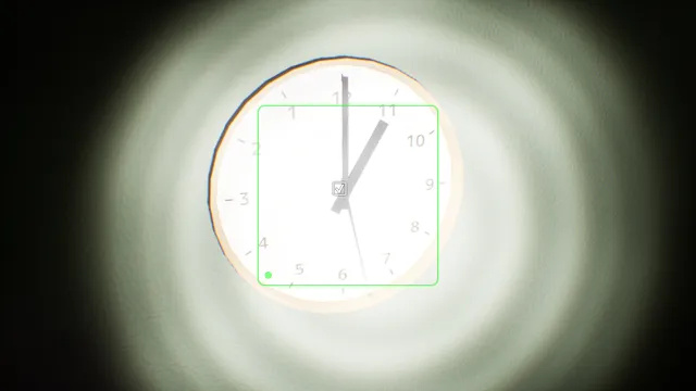 False Dream screenshot: the camera frame on a wall clock in the torchlight