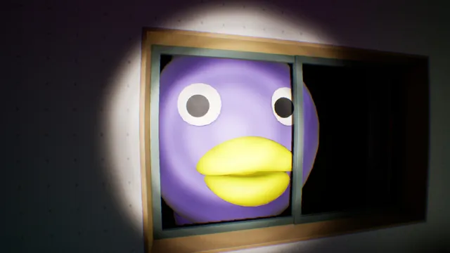 False Dream screenshot: a huge purple face with a yellow beak pressed against the window in the torchlight