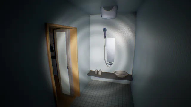 False Dream screenshot: a small tiled bathroom with a shower lit by the torch