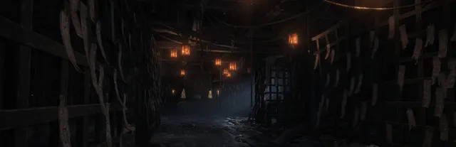 Fatal Frame II: Crimson Butterfly Remake key art: a dark wooden hall hung with paper charms and glowing lanterns, leading to a candlelit altar