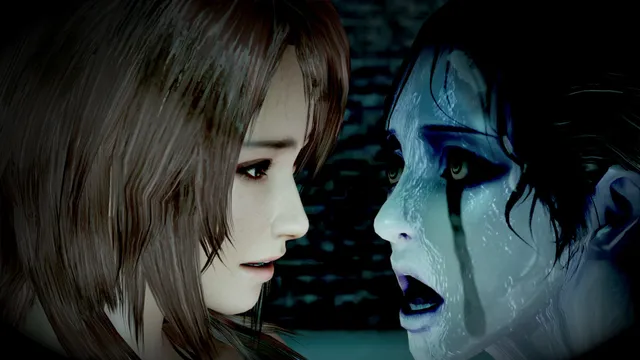 Fatal Frame: Maiden of Black Water screenshot: a pale, wet ghost with black tears leans close to a frightened girl's face