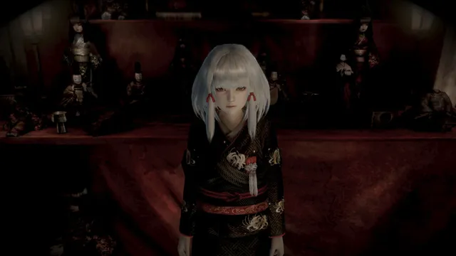 Fatal Frame: Maiden of Black Water screenshot: a white-haired girl in a black kimono before shelves of traditional dolls