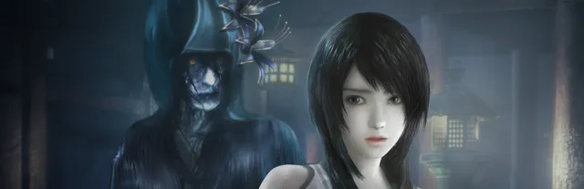 Fatal Frame: Maiden of Black Water key art: Yuri beside a hooded, blue-faced spirit by a stone lantern