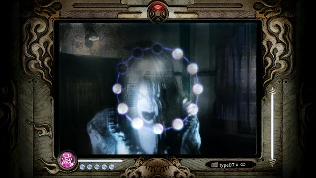 Mask of the Lunar Eclipse screenshot: a pale ghost woman in the Camera Obscura's ornate viewfinder