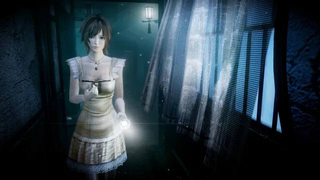 Mask of the Lunar Eclipse screenshot: a girl with a flashlight in a dim corridor by torn curtains