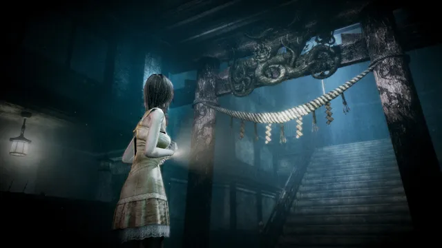 Mask of the Lunar Eclipse screenshot: a girl with a flashlight before a shrine gate and stairs inside a dark building