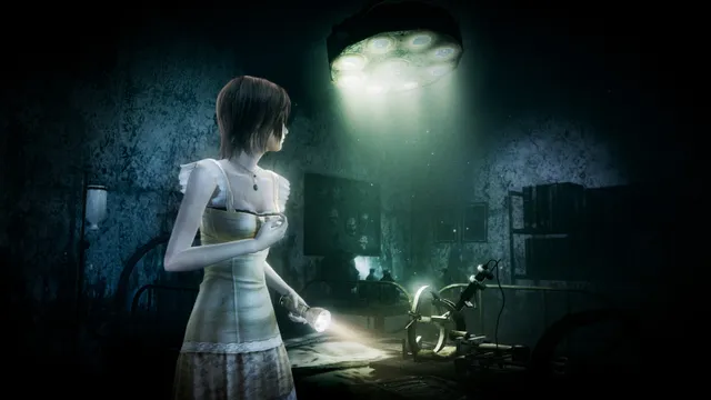 Mask of the Lunar Eclipse screenshot: an old operating room with a surgical lamp and a strange device