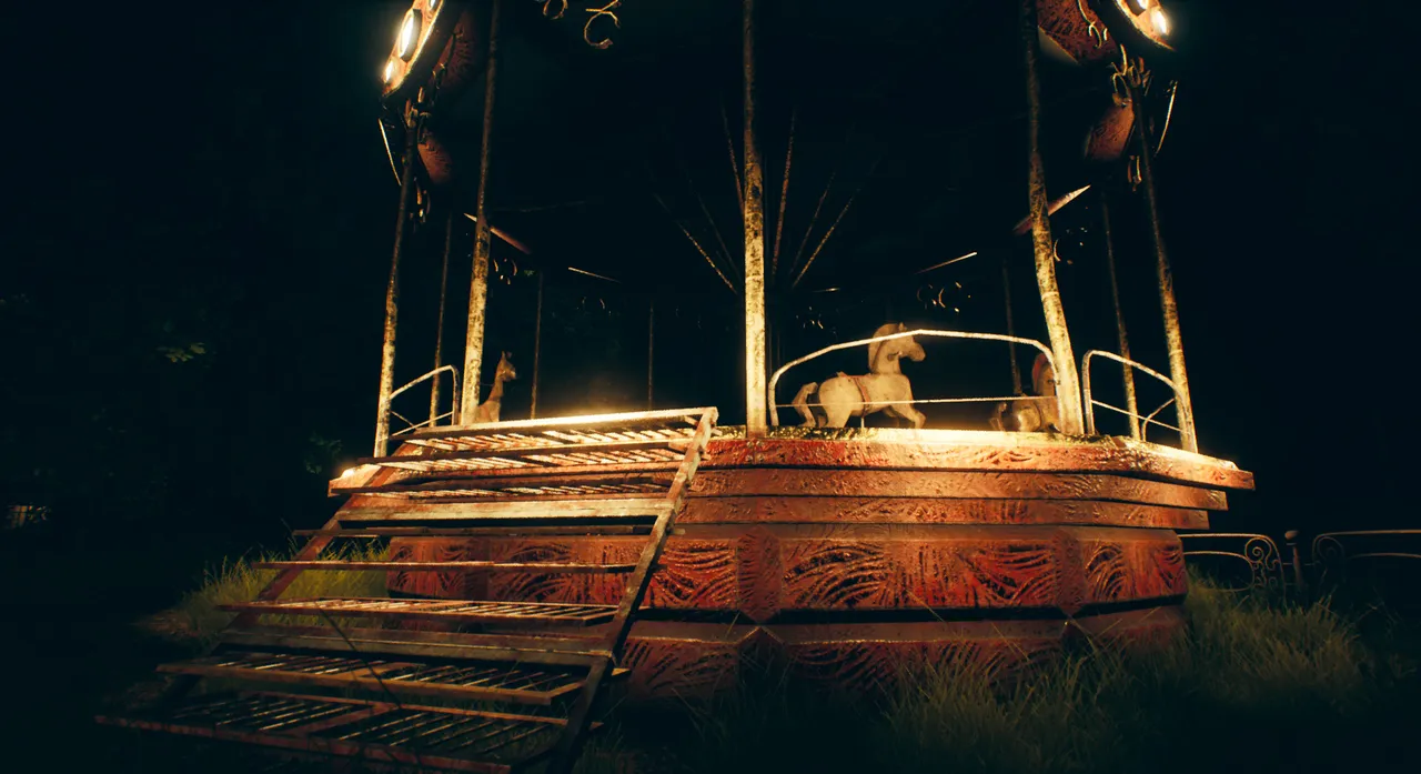 Father's Day screenshot: a lit carousel with a white horse in an overgrown fairground at night