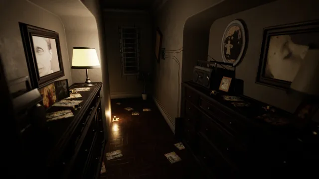 Father's Day screenshot: a dim hallway with family photographs on the walls and papers scattered on the floor