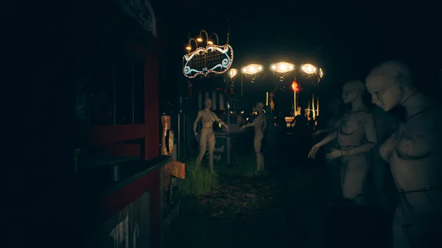 Father's Day screenshot: pale mannequins standing among the lit stalls of a dark fairground