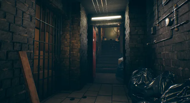 Father's Day screenshot: a brick basement corridor with bin bags and stairs leading up to a red door