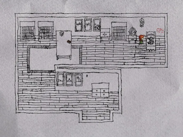 Fausts Alptraum screenshot: a house floor plan drawn in black ink lines on paper, with the girl standing in one room